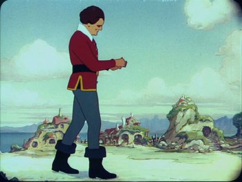 Movie still from “Gulliver's Travels” (1939), directed by William Henning – An animated man in a red jacket is looking at his watch; Wide shot, Low angle