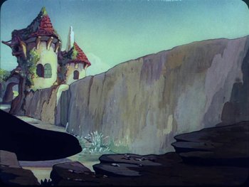 Movie still from “Gulliver's Travels” (1939), directed by William Henning – A painting of a castle on the side of a cliff; Extreme Wide shot, Low angle