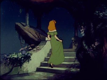 Movie still from “Gulliver's Travels” (1939), directed by William Henning – A woman in a green dress walking up some stairs; Wide shot, High angle