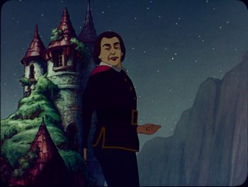 Movie still from “Gulliver's Travels” (1939), directed by William Henning – A cartoon of a man standing in front of a castle; Medium shot, Low angle