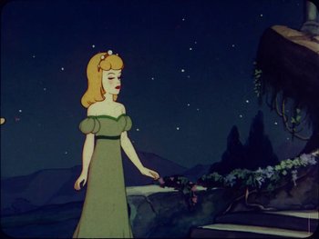 Movie still from “Gulliver's Travels” (1939), directed by William Henning – A woman in a green dress standing in front of a tree; Medium shot, Low angle