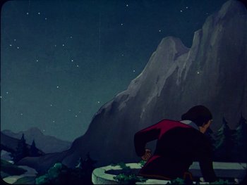 Movie still from “Gulliver's Travels” (1939), directed by William Henning – A painting of a man looking at the stars; Extreme Wide shot, Low angle