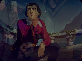 Movie still from “Gulliver's Travels” (1939), directed by William Henning – An animated man sitting on a log in a dark place; Medium shot, Overhead angle