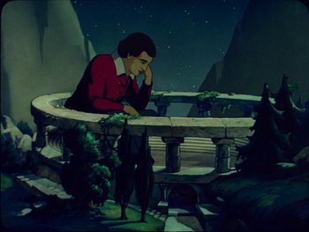 Movie still from “Gulliver's Travels” (1939), directed by William Henning – An animated scene of a man sitting on a bench; Wide shot, Low angle