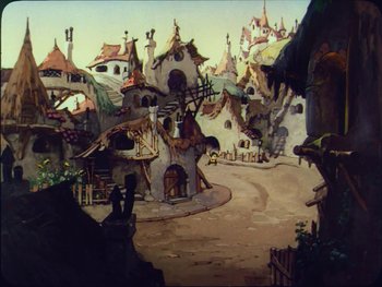 Movie still from “Gulliver's Travels” (1939), directed by William Henning – An animated picture of a town with a lot of buildings; Extreme Wide shot, High angle