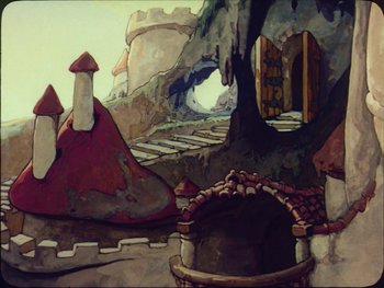 Movie still from “Gulliver's Travels” (1939), directed by William Henning – An artistic painting of a cave and a bridge; Extreme Wide shot, High angle