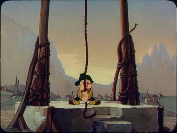 Movie still from “Gulliver's Travels” (1939), directed by William Henning – An animated scene of a man sitting on the ground; Wide shot, Low angle
