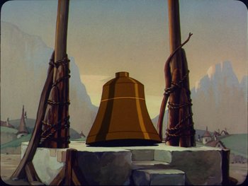 Movie still from “Gulliver's Travels” (1939), directed by William Henning – An illustration of a bell on a rock platform; Extreme Wide shot, Low angle