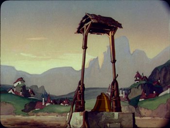 Movie still from “Gulliver's Travels” (1939), directed by William Henning – An animated picture of a building with a mountain in the background; Extreme Wide shot, Low angle
