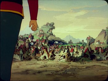 Movie still from “Gulliver's Travels” (1939), directed by William Henning – An animated picture of a group of people gathered in the desert; Wide shot, Low angle