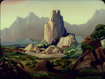 Movie still from “Gulliver's Travels” (1939), directed by William Henning – A painting of a large rock formation in the middle of a valley; Extreme Wide shot, High angle