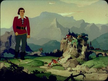 Movie still from “Gulliver's Travels” (1939), directed by William Henning – A painting of a man standing in front of a mountain; Wide shot, Low angle