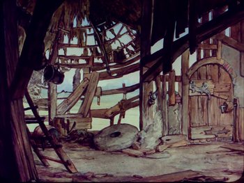 Movie still from “Gulliver's Travels” (1939), directed by William Henning – An old building with a wooden structure in the middle of it; Wide shot, Low angle