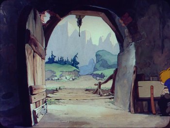 Movie still from “Gulliver's Travels” (1939), directed by William Henning – A painting of an open door to a cave; Wide shot, High angle