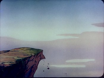 Movie still from “Gulliver's Travels” (1939), directed by William Henning – A painting of a cliff with a sky in the background; Extreme Wide shot, Low angle