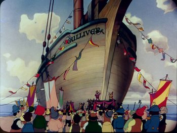 Movie still from “Gulliver's Travels” (1939), directed by William Henning – A crowd of people standing around a large ship; Extreme Wide shot, Low angle