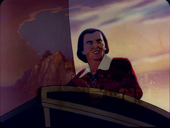 Movie still from “Gulliver's Travels” (1939), directed by William Henning – A painting of a man in a red sweater; Medium shot, Low angle