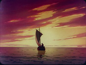 Movie still from “Gulliver's Travels” (1939), directed by William Henning – A painting of a sailboat in the ocean at sunset; Extreme Wide shot, Low angle