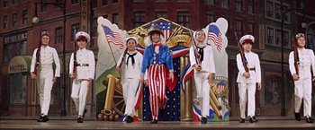 Movie still from “Gypsy” (1962), directed by Mervyn LeRoy – A group of children dressed in patriotic costumes; Wide shot, Low angle