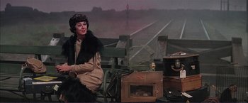 Movie still from “Gypsy” (1962), directed by Mervyn LeRoy – A woman sitting on top of a bench next to cages; Medium shot, Over the shoulder angle