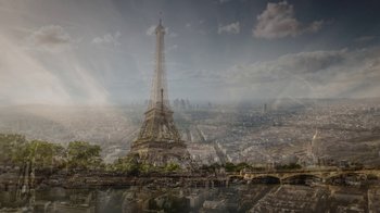 Movie still from “Emily in Paris” (2020), created by Darren Star – A view of the eiffel tower in paris , france; Extreme Wide shot, Low angle