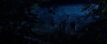 Movie still from “Harriet” (2019), directed by Kasi Lemmons – A group of people standing in the water at night; Extreme Wide shot, High angle