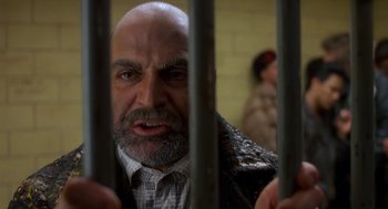 Movie still from “Harry and the Hendersons” (1987), directed by William Dear – A man with a beard and a jacket behind bars; Close Up shot, Low angle
