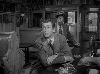 Movie still from “Harvey” (1950), directed by Henry Koster – Two men sitting at a table in front of a window; Medium shot, Over the shoulder angle