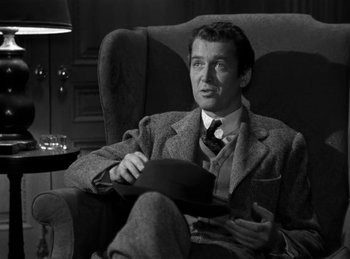 Movie still from “Harvey” (1950), directed by Henry Koster – A black and white photo of a man sitting in a chair; Medium shot, High angle