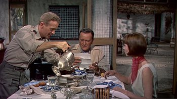 Movie still from “Hatari!” (1962), directed by Howard Hawks – A group of people sitting at a table with food; Medium shot, High angle
