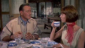 Movie still from “Hatari!” (1962), directed by Howard Hawks – A man and a woman sitting at a dinner table; Medium shot, Over the shoulder angle