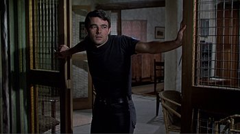 Movie still from “Hatari!” (1962), directed by Howard Hawks – A man standing in a room with his arms outstretched; Medium shot, Low angle