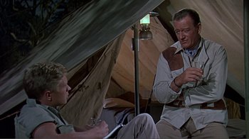 Movie still from “Hatari!” (1962), directed by Howard Hawks – A man and a woman sitting under a tarp; Medium shot, Over the shoulder angle