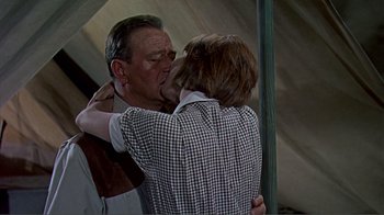 Movie still from “Hatari!” (1962), directed by Howard Hawks – A man and a woman kissing each other in front of an awning; Medium shot, Low angle