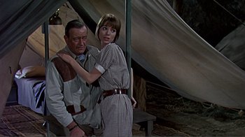 Movie still from “Hatari!” (1962), directed by Howard Hawks – An older man and a younger woman in a tent; Medium shot, Over the shoulder angle