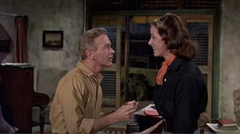 Movie still from “Hatari!” (1962), directed by Howard Hawks – A man and a woman talking to each other; Medium shot, Over the shoulder angle