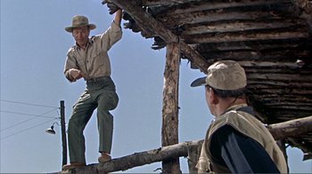 Movie still from “Hatari!” (1962), directed by Howard Hawks – A man standing on top of a tree branch near another man; Medium shot, Low angle