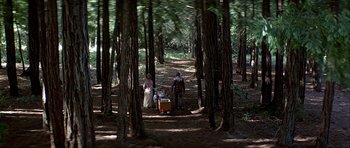 Movie still from “Heartbeeps” (1981), directed by Allan Arkush – A man and a woman walking through the woods; Extreme Wide shot, High angle