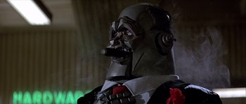 Movie still from “Heartbeeps” (1981), directed by Allan Arkush – The face of a robot; Close Up shot, Low angle