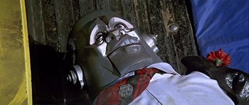 Movie still from “Heartbeeps” (1981), directed by Allan Arkush – A man's face wearing a mask; Close Up shot, Low angle