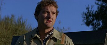 Movie still from “Heartbeeps” (1981), directed by Allan Arkush – A person wearing a jacket; Close Up shot, Low angle