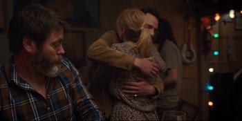 Movie still from “Hearts Beat Loud” (2018), directed by Brett Haley – A man and a woman hugging in a room; Medium shot, Over the shoulder angle