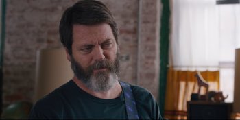 Movie still from “Hearts Beat Loud” (2018), directed by Brett Haley – A person with a beard; Close Up shot, Over the shoulder angle