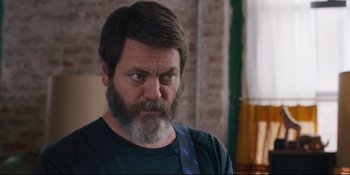 Movie still from “Hearts Beat Loud” (2018), directed by Brett Haley – A person with a beard; Close Up shot, Over the shoulder angle