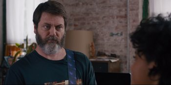 Movie still from “Hearts Beat Loud” (2018), directed by Brett Haley – A person with a beard wearing a neck tie; Close Up shot, Over the shoulder angle