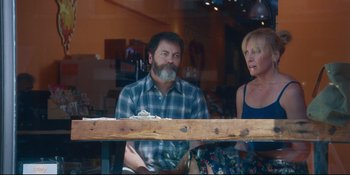 Movie still from “Hearts Beat Loud” (2018), directed by Brett Haley – A man and a woman sitting in front of a window; Medium shot, Over the shoulder angle