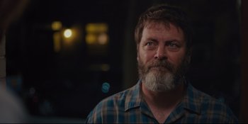 Movie still from “Hearts Beat Loud” (2018), directed by Brett Haley – A person with a beard; Close Up shot, Over the shoulder angle