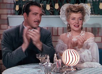 Movie still from “Hello Frisco, Hello” (1943), directed by H. Bruce Humberstone – A man and a woman sitting at a dinner table; Medium shot, Over the shoulder angle