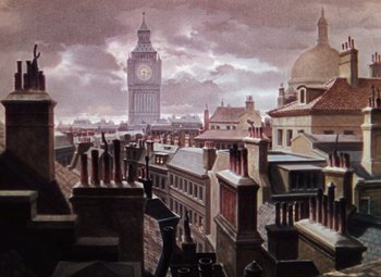 Movie still from “Hello Frisco, Hello” (1943), directed by H. Bruce Humberstone – An oil painting of a clock tower in the middle of a city; Extreme Wide shot, Low angle