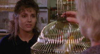 Movie still from “Hellraiser” (1987), directed by Clive Barker – A woman is looking at a bird cage; Close Up shot, Over the shoulder angle